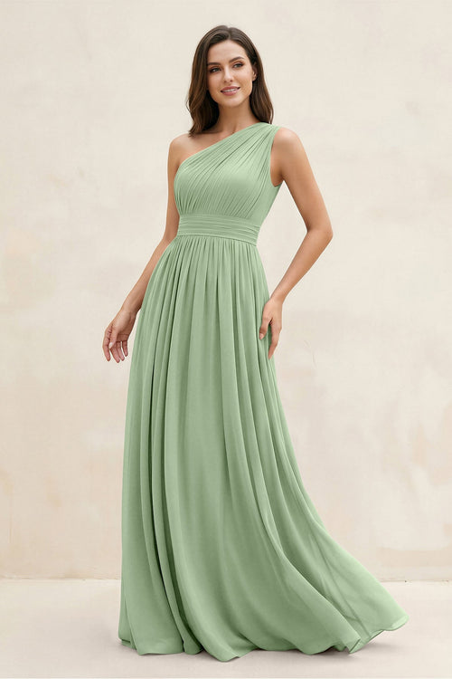 One - Shoulder Pleated A - Line Chiffon Bridesmaid Dress in Sage - KissProm Bridesmaid Dresses