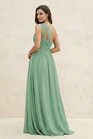 One - Shoulder Pleated A - Line Chiffon Bridesmaid Dress in Sea Glass - KissProm Bridesmaid Dresses