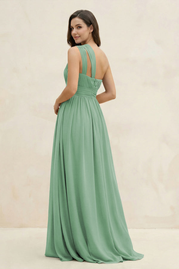 One - Shoulder Pleated A - Line Chiffon Bridesmaid Dress in Sea Glass - KissProm Bridesmaid Dresses