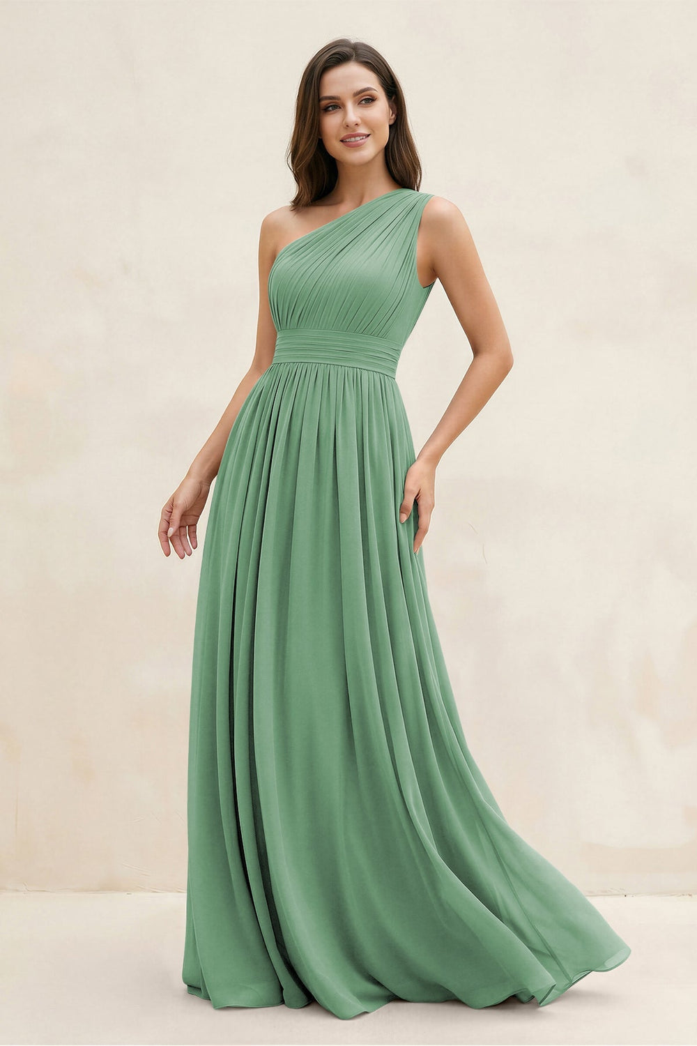 One - Shoulder Pleated A - Line Chiffon Bridesmaid Dress in Sea Glass - KissProm Bridesmaid Dresses