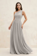 One - Shoulder Pleated A - Line Chiffon Bridesmaid Dress in Silver - KissProm Bridesmaid Dresses