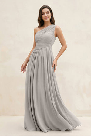 One - Shoulder Pleated A - Line Chiffon Bridesmaid Dress in Silver - KissProm Bridesmaid Dresses