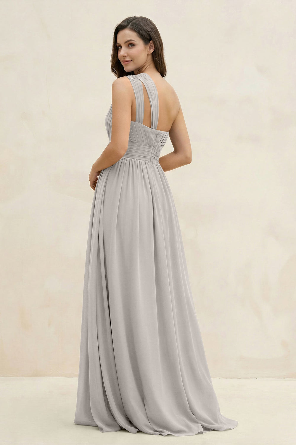 One - Shoulder Pleated A - Line Chiffon Bridesmaid Dress in Silver - KissProm Bridesmaid Dresses