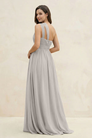 One - Shoulder Pleated A - Line Chiffon Bridesmaid Dress in Silver - KissProm Bridesmaid Dresses