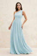 One - Shoulder Pleated A - Line Chiffon Bridesmaid Dress in Sky Blue - KissProm Bridesmaid Dresses