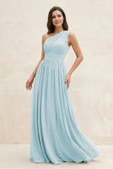 One - Shoulder Pleated A - Line Chiffon Bridesmaid Dress in Sky Blue - KissProm Bridesmaid Dresses