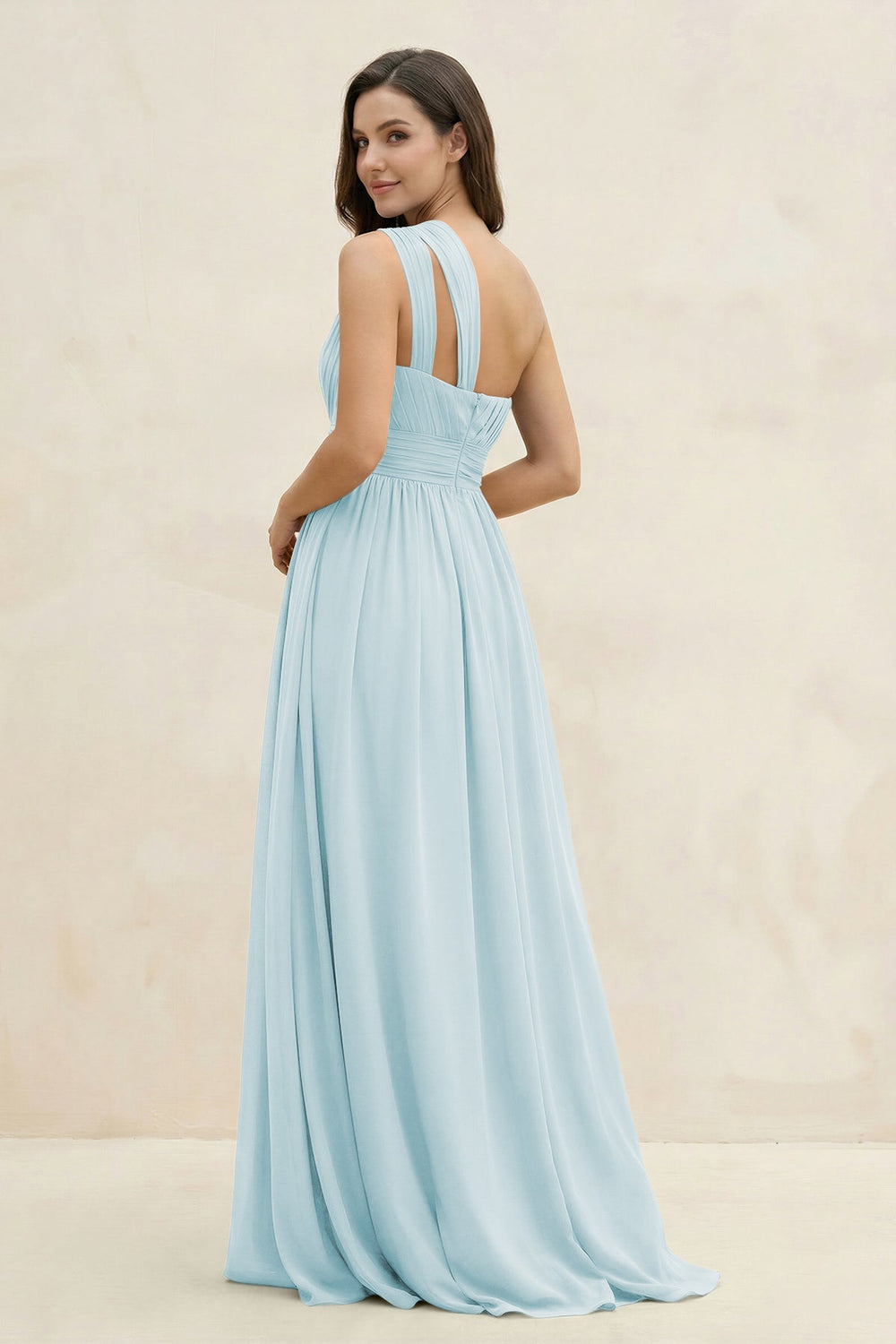 One - Shoulder Pleated A - Line Chiffon Bridesmaid Dress in Sky Blue - KissProm Bridesmaid Dresses