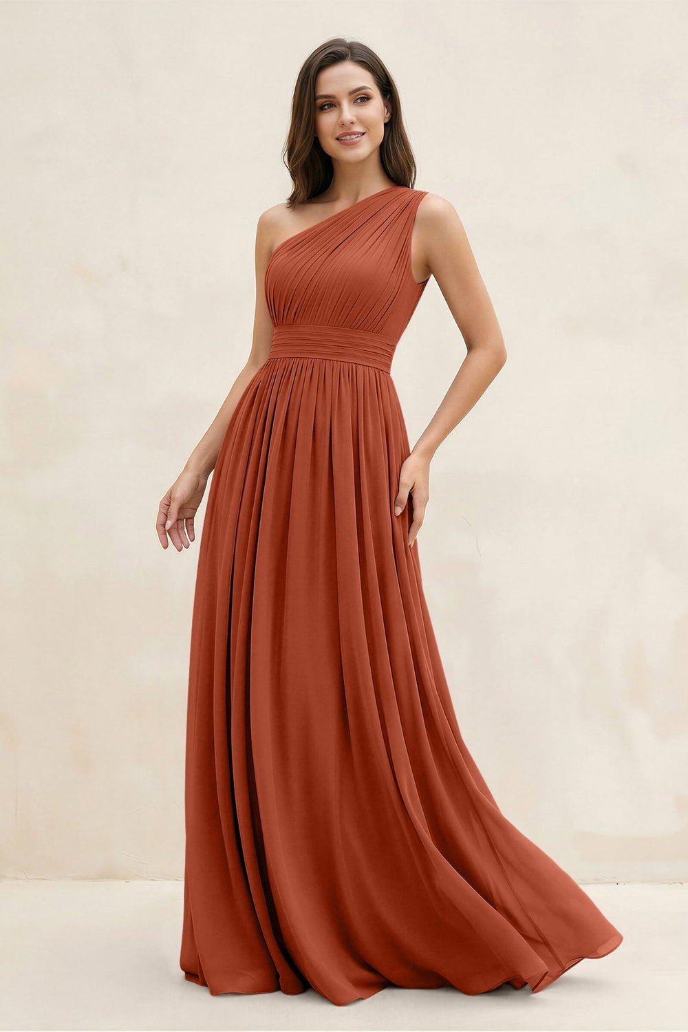 One - Shoulder Pleated A - Line Chiffon Bridesmaid Dress in Spice - KissProm Bridesmaid Dresses