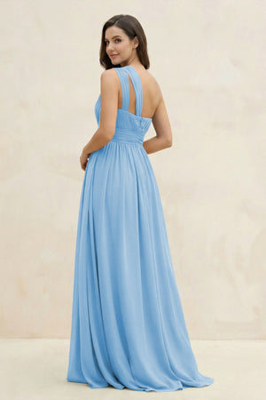 One - Shoulder Pleated A - Line Chiffon Bridesmaid Dress in Steel Blue - KissProm Bridesmaid Dresses