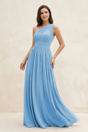 One - Shoulder Pleated A - Line Chiffon Bridesmaid Dress in Steel Blue - KissProm Bridesmaid Dresses