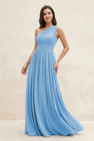One - Shoulder Pleated A - Line Chiffon Bridesmaid Dress in Steel Blue - KissProm Bridesmaid Dresses