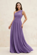 One - Shoulder Pleated A - Line Chiffon Bridesmaid Dress in Tahiti - KissProm Bridesmaid Dresses