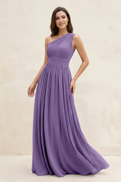 One - Shoulder Pleated A - Line Chiffon Bridesmaid Dress in Tahiti - KissProm Bridesmaid Dresses