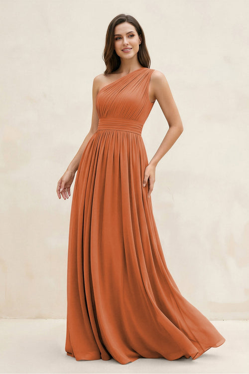 One - Shoulder Pleated A - Line Chiffon Bridesmaid Dress in Terracotta - KissProm Bridesmaid Dresses