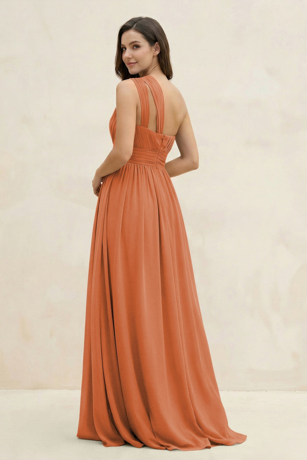 One - Shoulder Pleated A - Line Chiffon Bridesmaid Dress in Terracotta - KissProm Bridesmaid Dresses