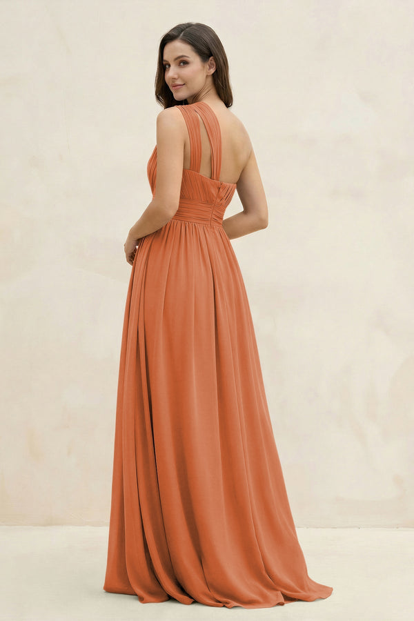 One - Shoulder Pleated A - Line Chiffon Bridesmaid Dress in Terracotta - KissProm Bridesmaid Dresses