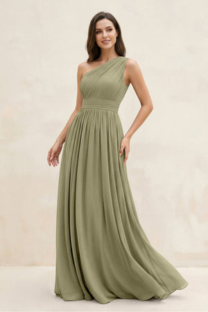 One - Shoulder Pleated A - Line Chiffon Bridesmaid Dress in Thyme - KissProm Bridesmaid Dresses