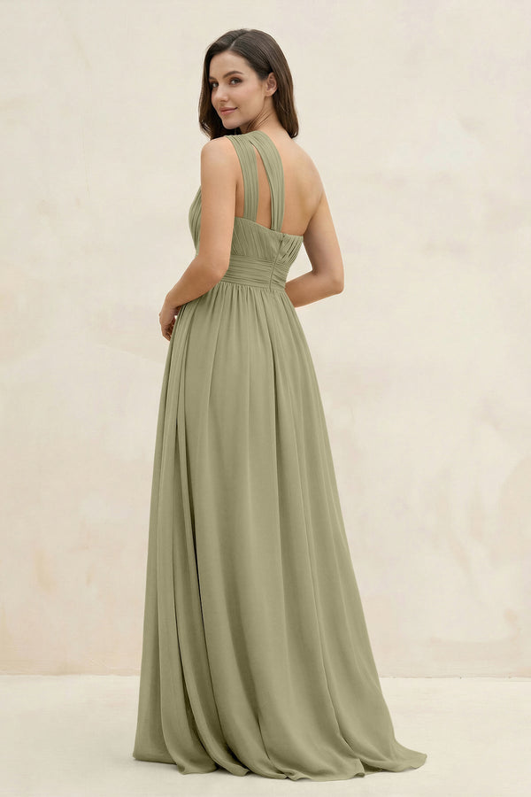 One - Shoulder Pleated A - Line Chiffon Bridesmaid Dress in Thyme - KissProm Bridesmaid Dresses