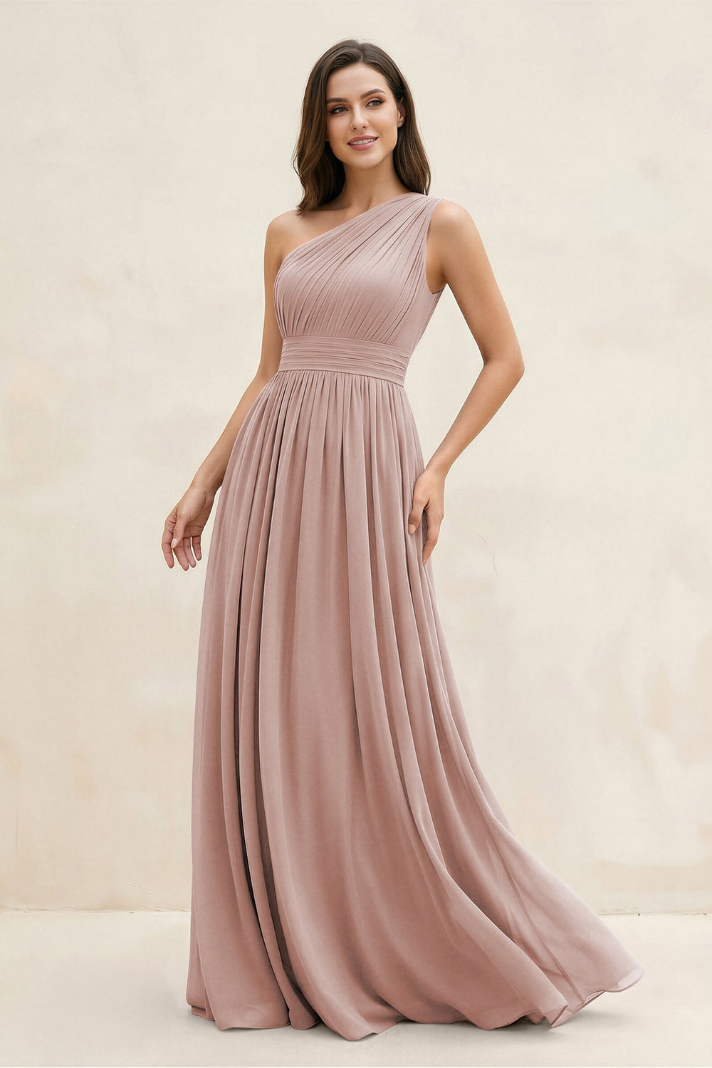 One - Shoulder Pleated A - Line Chiffon Bridesmaid Dress in Toffee - KissProm Bridesmaid Dresses