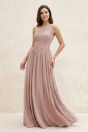 One - Shoulder Pleated A - Line Chiffon Bridesmaid Dress in Toffee - KissProm Bridesmaid Dresses