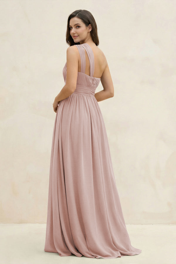 One - Shoulder Pleated A - Line Chiffon Bridesmaid Dress in Toffee - KissProm Bridesmaid Dresses