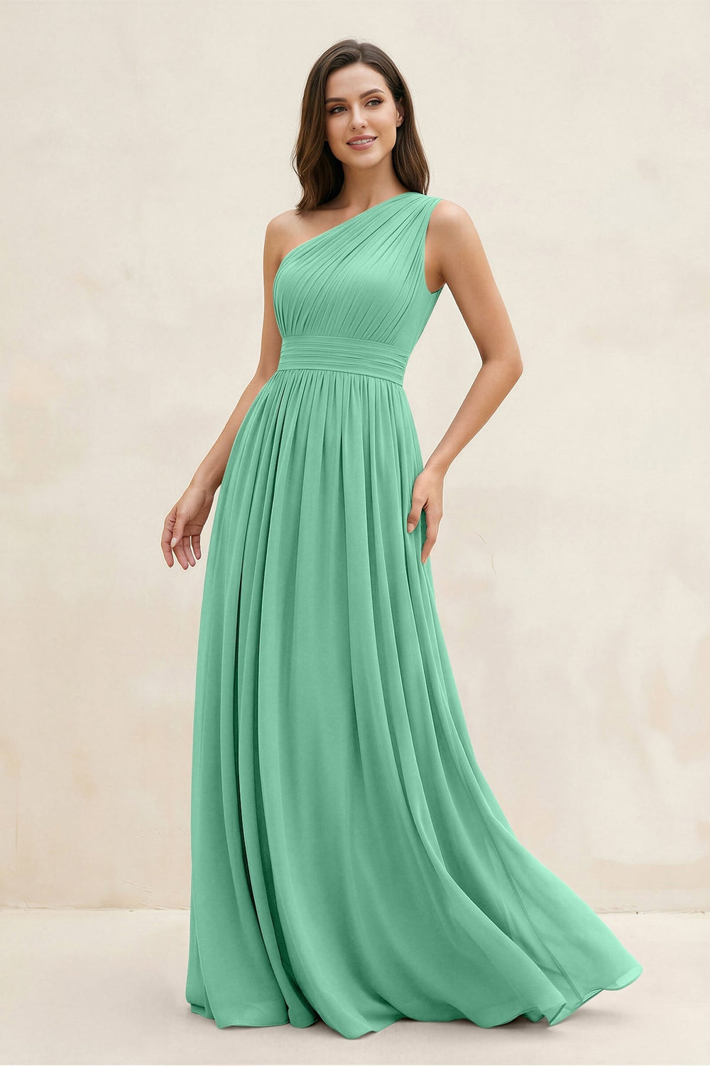 One - Shoulder Pleated A - Line Chiffon Bridesmaid Dress in Turquoise - KissProm Bridesmaid Dresses