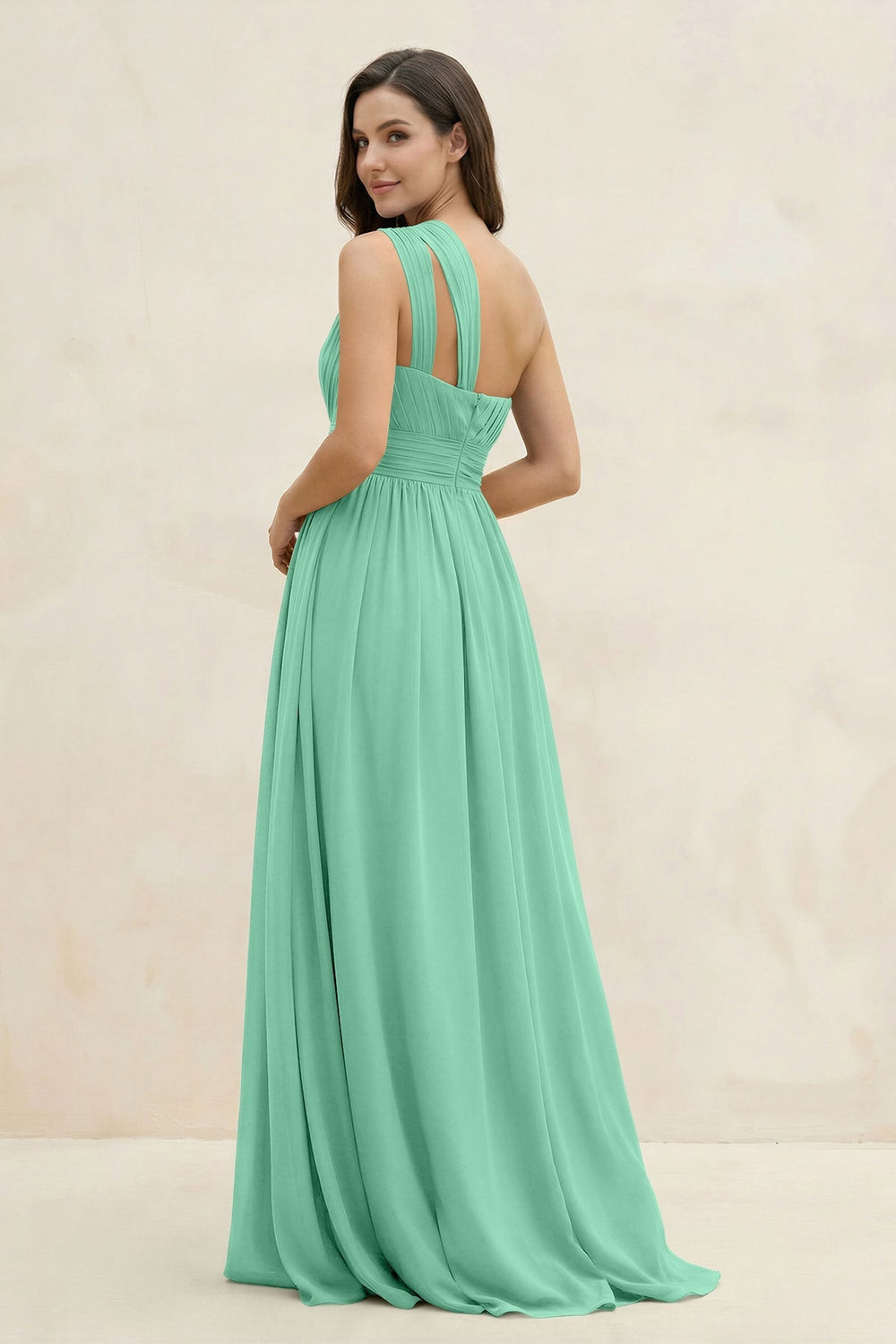 One - Shoulder Pleated A - Line Chiffon Bridesmaid Dress in Turquoise - KissProm Bridesmaid Dresses