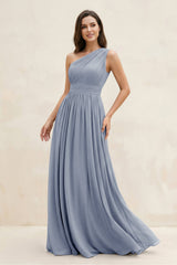One - Shoulder Pleated A - Line Chiffon Bridesmaid Dress in Twilight - KissProm Bridesmaid Dresses
