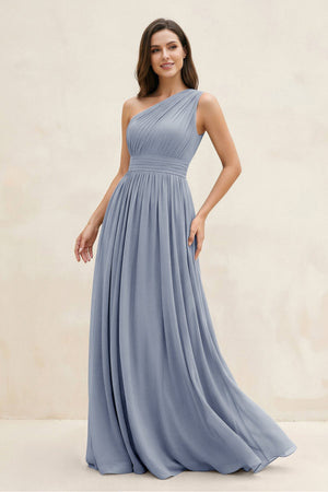 One - Shoulder Pleated A - Line Chiffon Bridesmaid Dress in Twilight - KissProm Bridesmaid Dresses