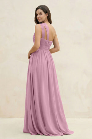 One - Shoulder Pleated A - Line Chiffon Bridesmaid Dress in Vintage Mauve - KissProm Bridesmaid Dresses