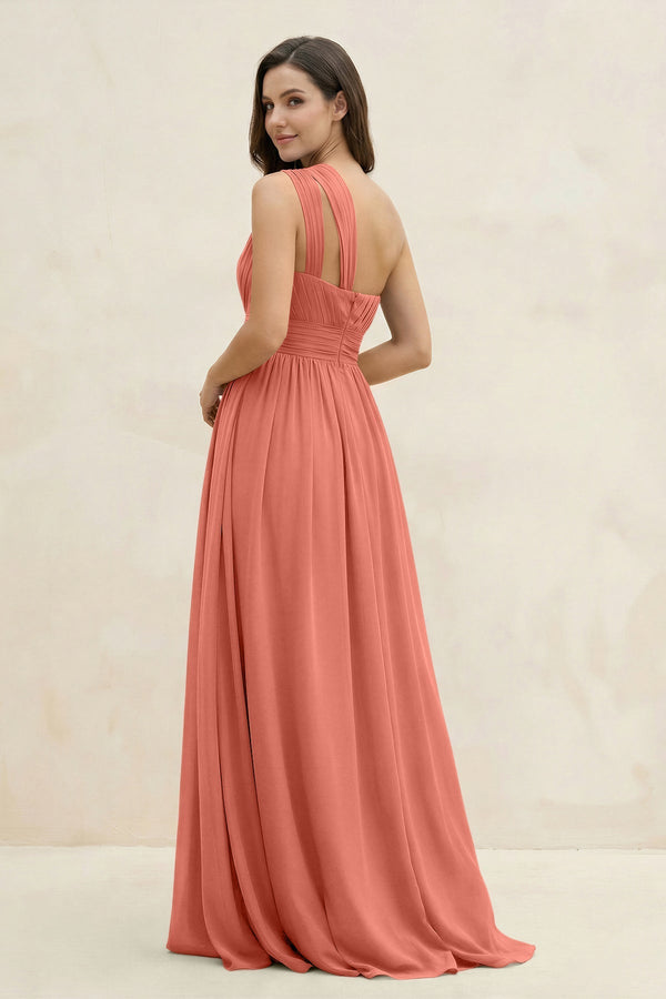 One - Shoulder Pleated A - Line Chiffon Bridesmaid Dress in Wild Rose - KissProm Bridesmaid Dresses