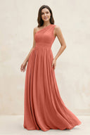 One - Shoulder Pleated A - Line Chiffon Bridesmaid Dress in Wild Rose - KissProm Bridesmaid Dresses