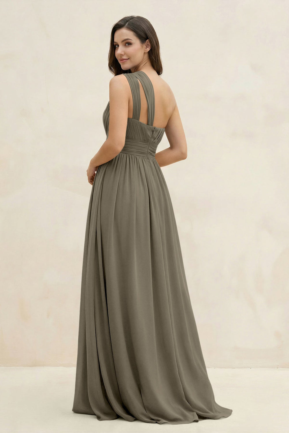 One - Shoulder Pleated A - Line Chiffon Bridesmaid Dress in Willow Green - KissProm Bridesmaid Dresses