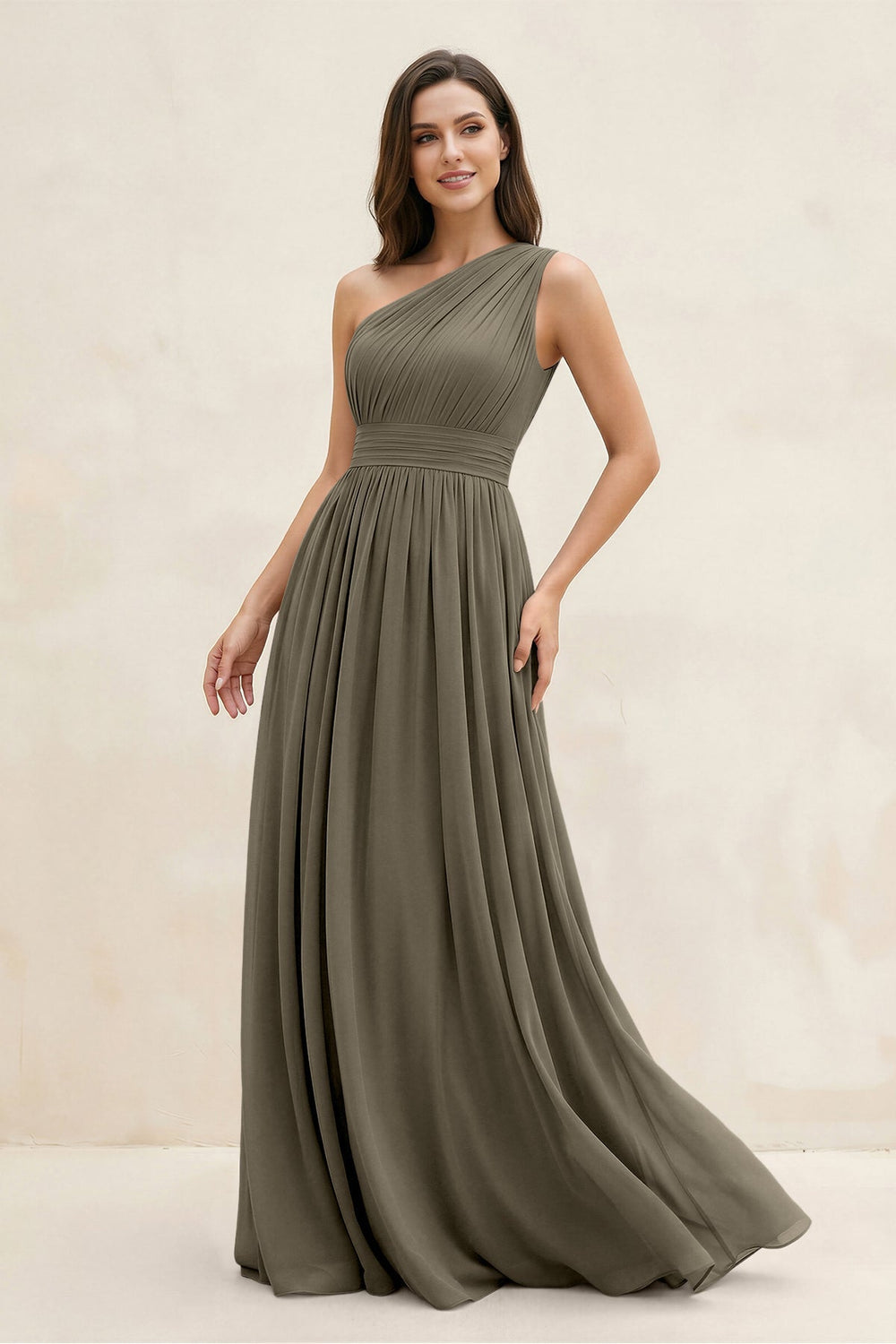 One - Shoulder Pleated A - Line Chiffon Bridesmaid Dress in Willow Green - KissProm Bridesmaid Dresses