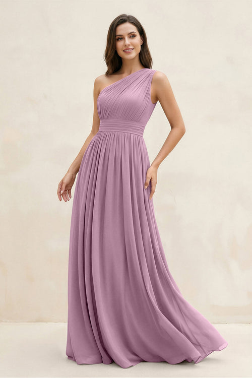 One - Shoulder Pleated A - Line Chiffon Bridesmaid Dress in Wisteria - KissProm Bridesmaid Dresses