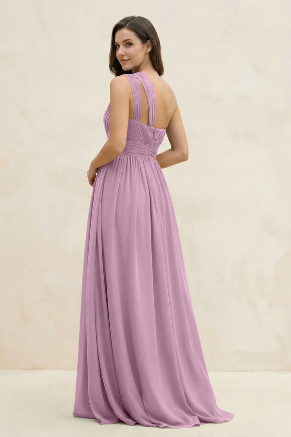One - Shoulder Pleated A - Line Chiffon Bridesmaid Dress in Wisteria - KissProm Bridesmaid Dresses