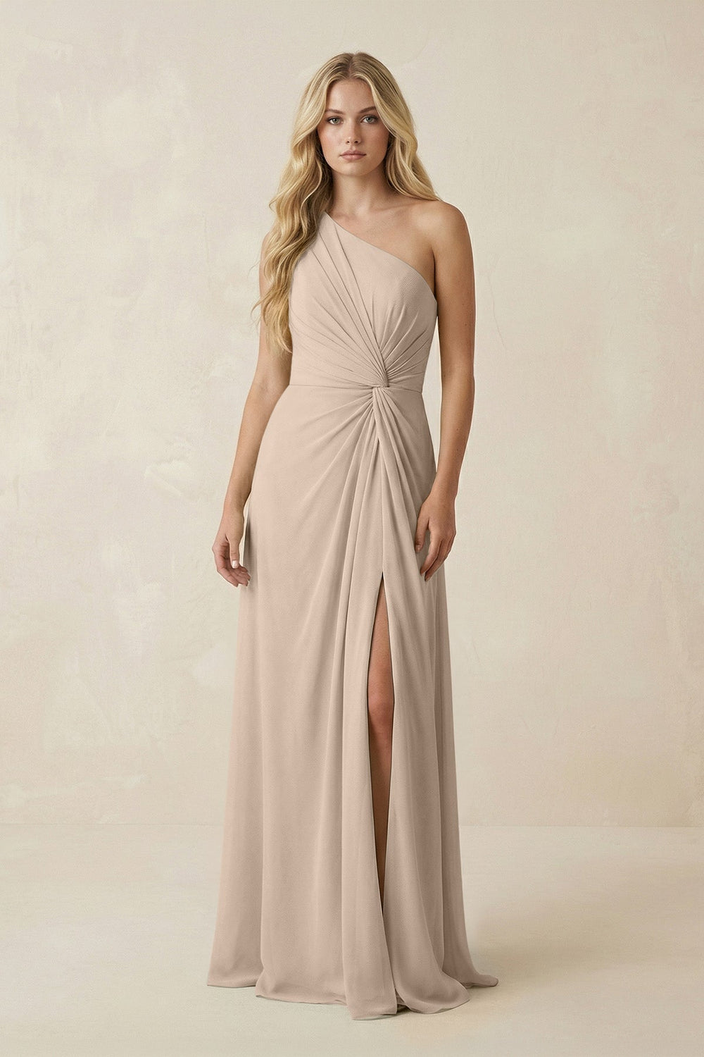 One - Shoulder Ruched A - Line Chiffon Bridesmaid Dress in Almond - KissProm Bridesmaid Dresses