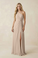 One - Shoulder Ruched A - Line Chiffon Bridesmaid Dress in Almond - KissProm Bridesmaid Dresses
