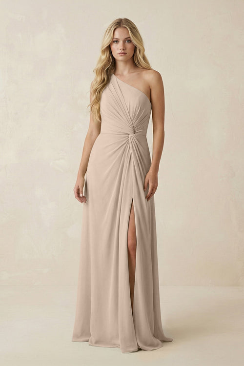 One - Shoulder Ruched A - Line Chiffon Bridesmaid Dress in Almond - KissProm Bridesmaid Dresses