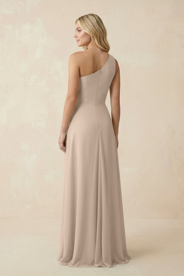 One - Shoulder Ruched A - Line Chiffon Bridesmaid Dress in Almond - KissProm Bridesmaid Dresses