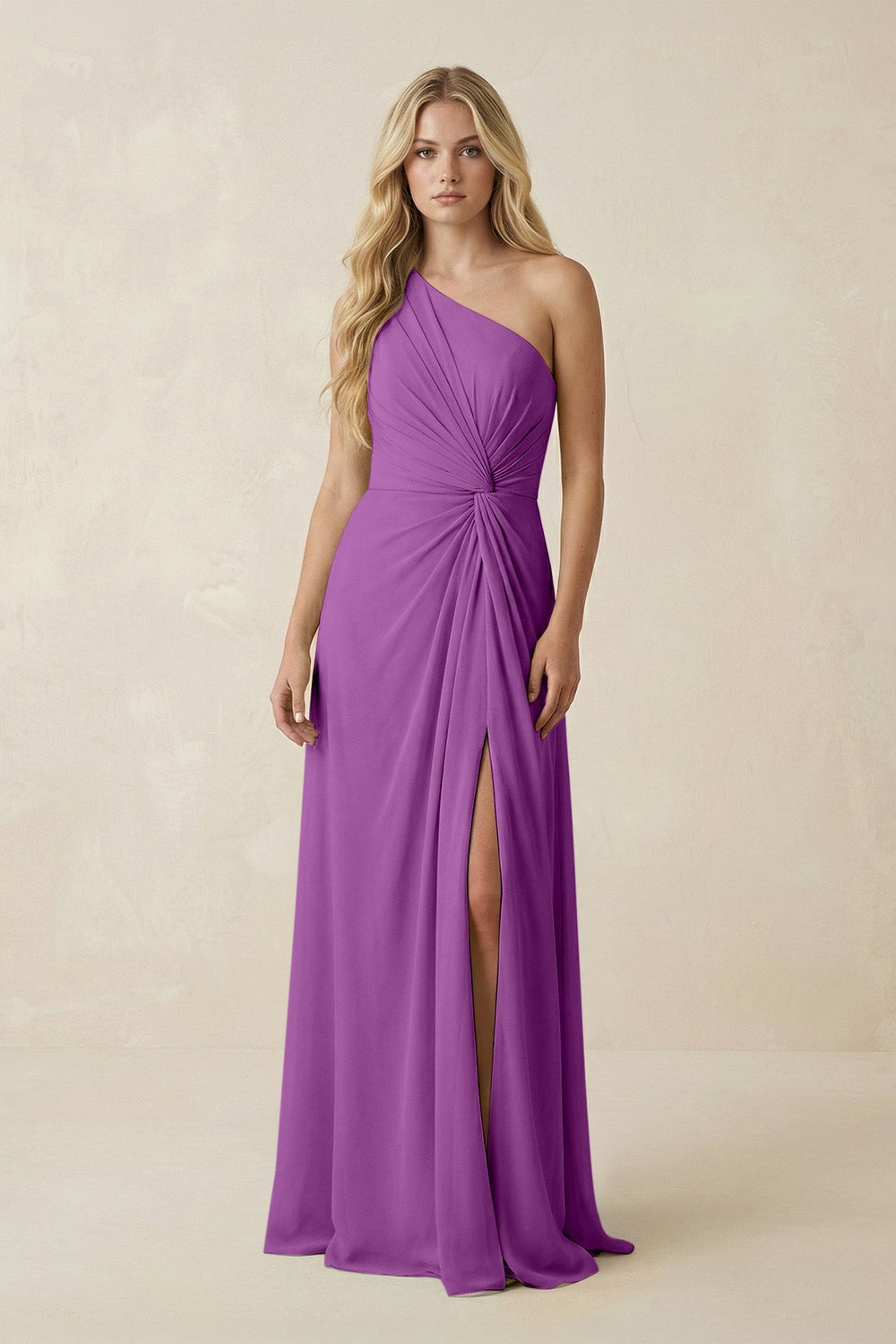 One - Shoulder Ruched A - Line Chiffon Bridesmaid Dress in Amethyst - KissProm Bridesmaid Dresses