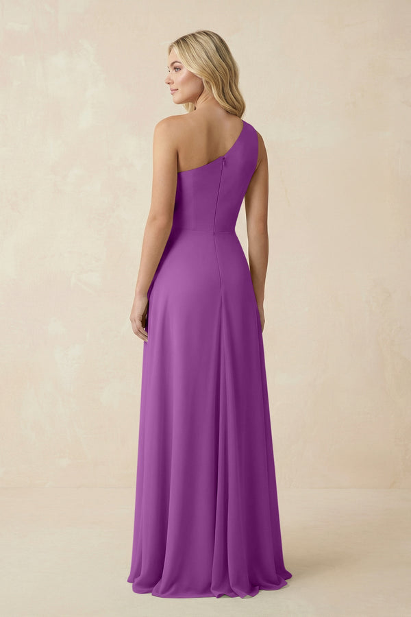 One - Shoulder Ruched A - Line Chiffon Bridesmaid Dress in Amethyst - KissProm Bridesmaid Dresses