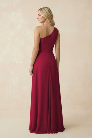 One - Shoulder Ruched A - Line Chiffon Bridesmaid Dress in Berry - KissProm Bridesmaid Dresses