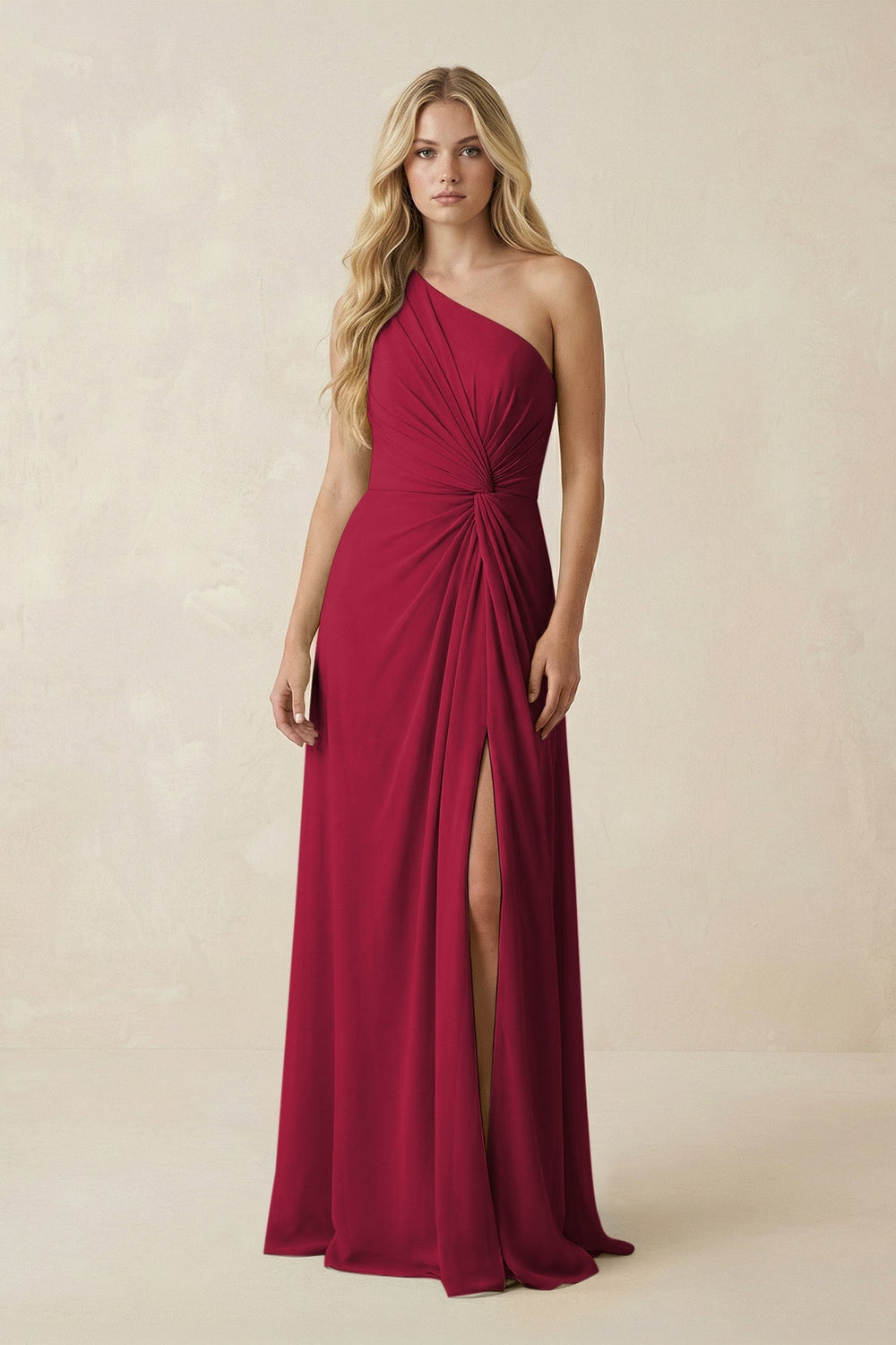 One - Shoulder Ruched A - Line Chiffon Bridesmaid Dress in Berry - KissProm Bridesmaid Dresses