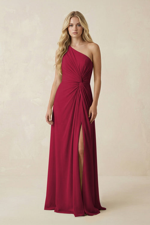 One - Shoulder Ruched A - Line Chiffon Bridesmaid Dress in Berry - KissProm Bridesmaid Dresses