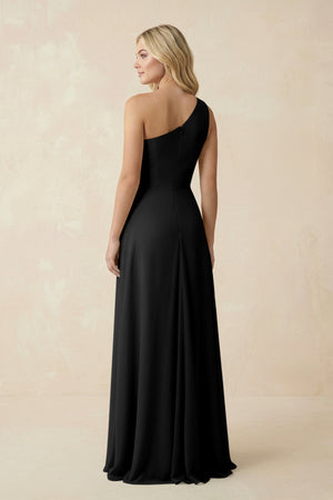 One - Shoulder Ruched A - Line Chiffon Bridesmaid Dress in Black - KissProm Bridesmaid Dresses