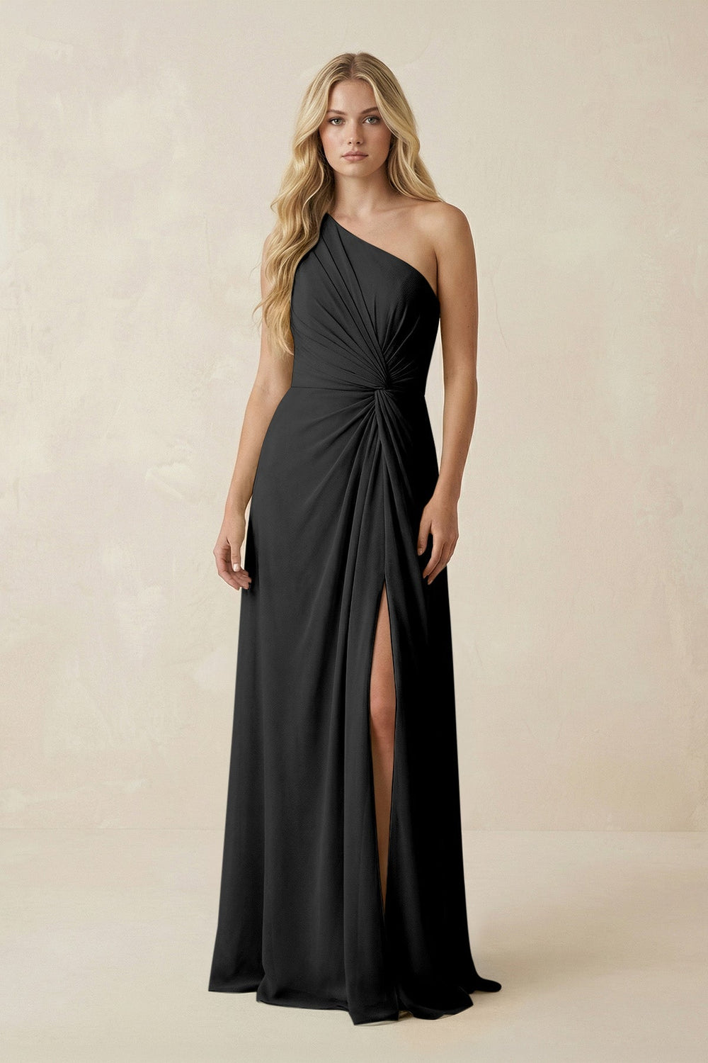 One - Shoulder Ruched A - Line Chiffon Bridesmaid Dress in Black - KissProm Bridesmaid Dresses