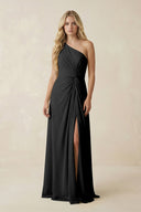 One - Shoulder Ruched A - Line Chiffon Bridesmaid Dress in Black - KissProm Bridesmaid Dresses