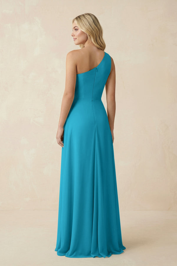 One - Shoulder Ruched A - Line Chiffon Bridesmaid Dress in Blue Jay - KissProm Bridesmaid Dresses