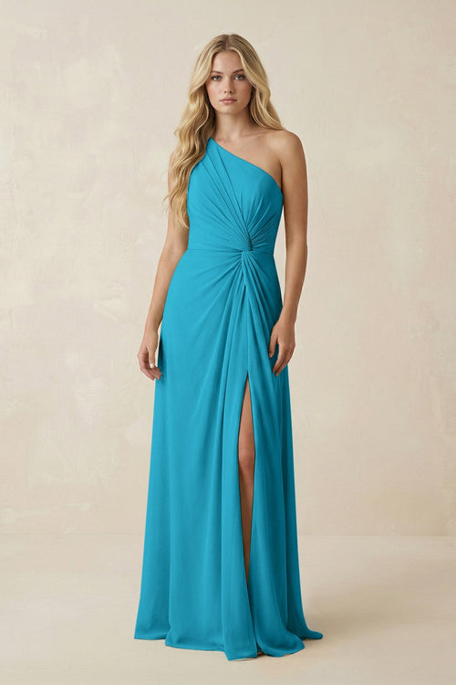 One - Shoulder Ruched A - Line Chiffon Bridesmaid Dress in Blue Jay - KissProm Bridesmaid Dresses